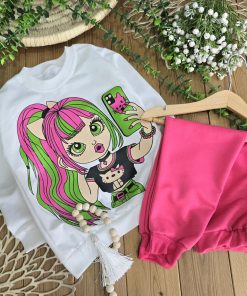 بلوز شلوار دختر فشن تکرنگ سفید سرخابی 🌈